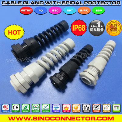 Strain Relief Flexible Cable Glands, Spiral, Nylon 6 (PA6), G1/4"~G3/4" Thread, IP68, Gray RAL7035 or Black RAL9005