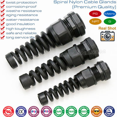 Strain Relief Flexible Cable Glands, Spiral, Nylon 6 (PA6), G1/4"~G3/4" Thread, IP68, Gray RAL7035 or Black RAL9005