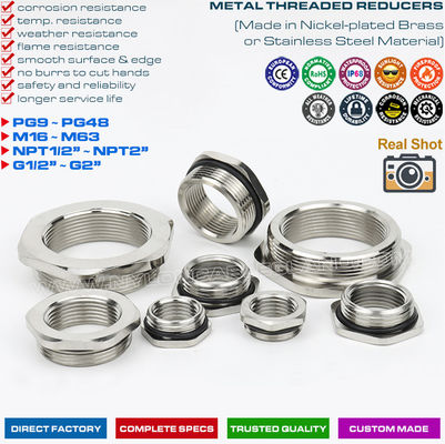 Nickel-Plated Brass Metal Thread Reducers (Metric to Metric Thread, PG to PG Thread, NPT to NPT Thread, G to G Thread)