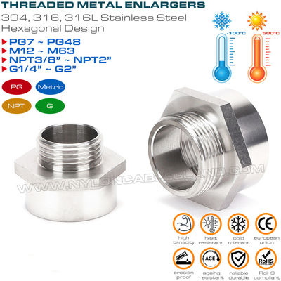 Hex Enlargers / Round Enlargers Metal (Brass, Stainless Steel) Male to Female Thread PG7~PG48, M12~M63, NPT3/8~NPT2 and G1/4~G2