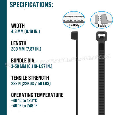 Nylon 612 (Polyamide 612) UV Shield Cable Tie 200mm x 4.8 (Ø 3-50mm), Weather & Corrosion Resistance, for Solar Installation