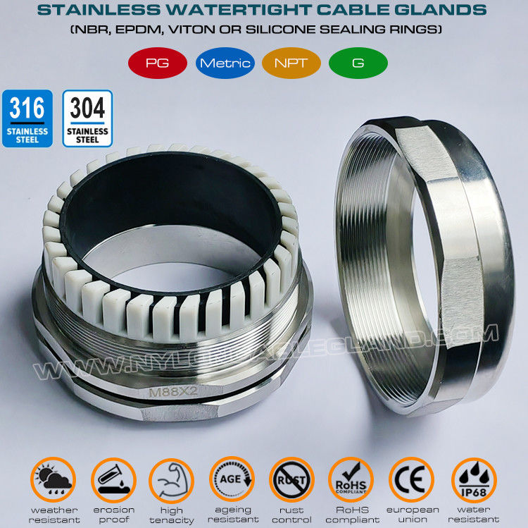 304 Stainless Steel Waterproof Cable Gland, 65~70mm Adjustable 316 Stainless Steel M88x2 Metric Cable Gland Connector IP68 for Large Cables