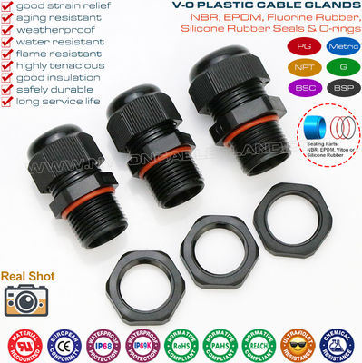 Các ốc siết cáp chống cháy màu đen bằng nylon polyamide IP68 (UL94 V-0) PG7~PG48 / M10~M75 với ren PG hoặc Metric