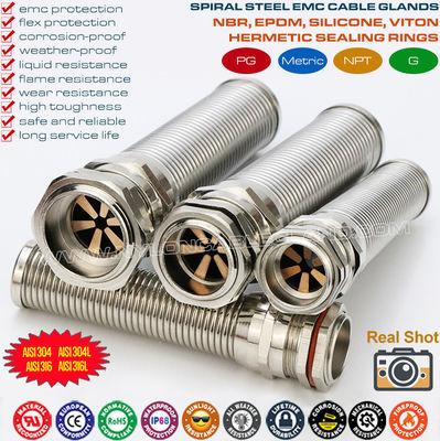 Ốc siết cáp NPT bằng thép không gỉ EMC (IP68) với bộ bảo vệ linh hoạt dạng xoắn ốc