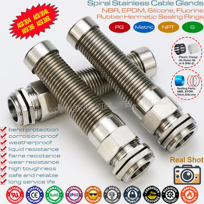 Ốc siết cáp kim loại PG bằng thép không gỉ SS 304 / SS 316 (IP68) có bộ bảo vệ xoắn ốc
