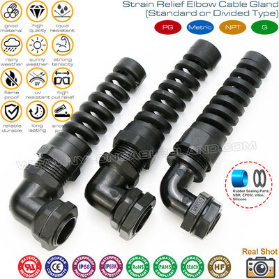 Ốc siết cáp số liệu nhựa khuỷu tay 90° (góc phải) IP68 với khả năng bảo vệ chống uốn và uốn xoắn ốc