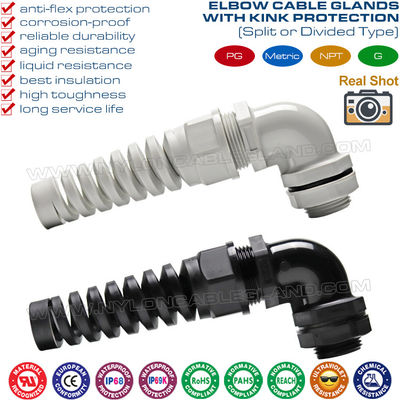 Khuỷu tay 90 độ (góc phải) ốc siết cáp mềm bằng nhựa PG có bộ bảo vệ cáp xoắn ốc