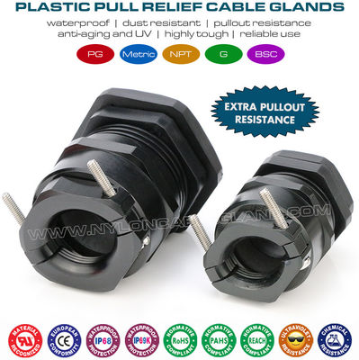 Các ốc siết cáp / cố định cáp nhựa loại PG và hệ mét IP68 RAL9005 màu đen có kẹp kim loại bổ sung (kẹp giảm lực kéo)