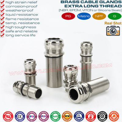 Ốc siết cáp ren dài, ốc xiết cáp kim loại đồng thau IP68/IP69K có ren cực dài PG7~PG48 & M12~M63 cho bảng dày