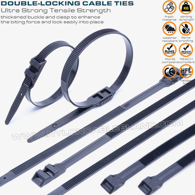 Dây buộc cáp khóa đúp /Dây rút cáp có đầu phẳng đôi, màu đen, nylon (PA) 6.6, 760x9mm, 110lbs, 500N, Ø20~220mm, sử dụng ngoài trời