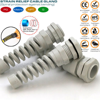 Ốc siết cáp xoắn ốc /đầu nối ốc siết cáp mềm giảm căng xoắn ốc nylon (polyamide) 6 PG11 IP68 cho cáp 5-10mm