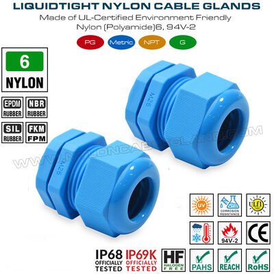 Máy kết nối dây thừng chống nước M25x1.5 Cáp nhựa IP68, 13-18mm Range, Nylon (PA 6, UL746C-f1 Được đánh giá, Sử dụng ngoài trời