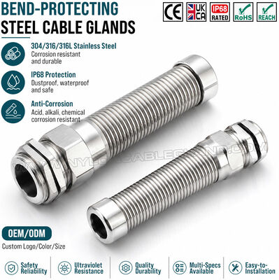 IP68 Ốc siết cáp linh hoạt kiểu uốn dạng uốn M32x1.5 (Ø 15~22 mm), thép không gỉ (inox) 304, 316 hoặc 316L, chống gập gãy cáp, dành cho môi trường khắc nghiệt