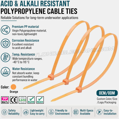 Dây rút nhựa Polypropylene (PP) 3.6x200 mm, khả năng kháng hóa chất, axit và kiềm tuyệt vời, độ hút nước thấp, dành cho ngành nuôi trồng thủy sản