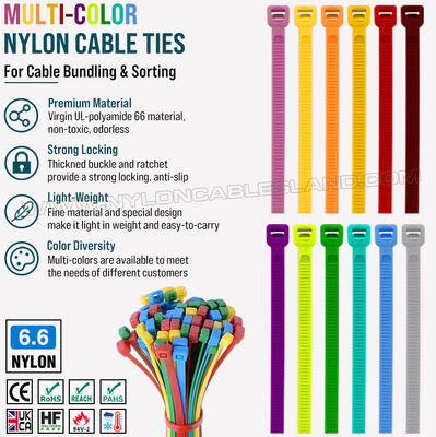 Thắt dây cáp màu 200mm x 4.8, 3 ~ 50mm Điều chỉnh Nylon 66 đa màu Zip Tie (222N / 50LBS) cho Cable Visual Management