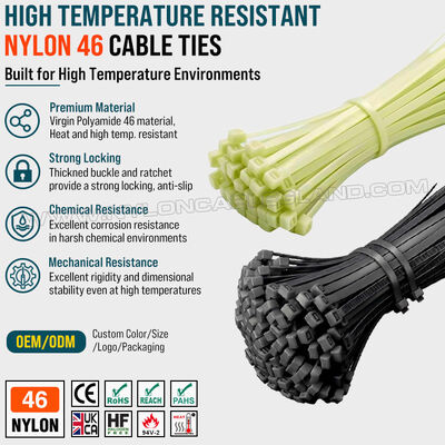 Dây rút buộc cáp nylon 46 (Polyamide 46, PA46) có khả năng chịu nhiệt cao, 300 mm x 7.6, 130 LBS / 560 N, dành cho môi trường nhiệt độ cao