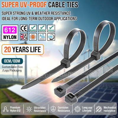 Dây rút dây thít dây siết bằng nhựa Nylon 612 (polyamide 612, PA612) màu đen, loại chịu lực cao, kháng tia UV và thời tiết, 350mm x 7.6, cho hệ thống điện mặt trời ngoài trời