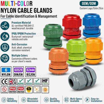 Các tuyến cáp màu, Nylon 6 (Polyamide 6, PA6), PG13.5 (6-12mm & 5-9mm), IP68/IP69K, cho nhận dạng trực quan & tổ chức cáp