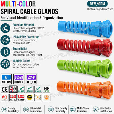 Đàn cáp giảm căng màu Nylon 6 (Polyamide 6/PA6), PG13.5 (Ø 6-12mm & 5-9mm), IP68 & IP69K, để xác định và tổ chức cáp