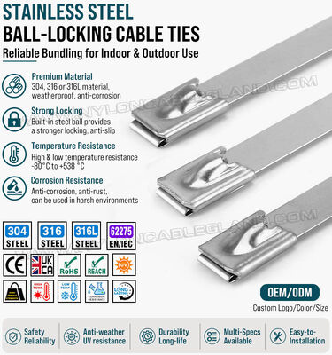 Dây buộc cáp, dây xiết, dây siết bằng không tráng phủ thép không gỉ loại 316L, 316, 304, rộng 12 mm x dài 350-1100 mm, chịu tải 675 lbs (306 kg/3000 N), dùng cho sản xuất công nghiệp và máy móc