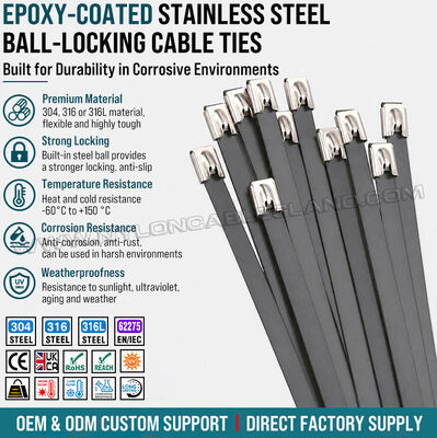 Dây buộc cáp (dây rút) kim loại màu đen phủ epoxy, loại khóa bi, thép không gỉ 316L/316/304, rộng 7.9 mm × dài 150-1000 mm, dùng cho môi trường ăn mòn