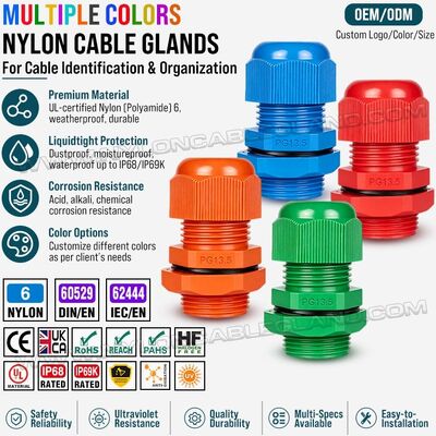 Ốc siết cáp nhựa (nylon) nhiều màu loại ren dài PG13.5, IP68/IP69K, dùng cho cáp có đường kính 6-12 mm hoặc 5-9 mm