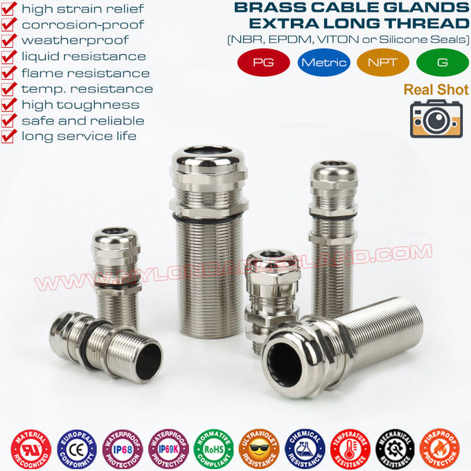 Ốc siết cáp ren dài, ốc xiết cáp kim loại đồng thau IP68/IP69K có ren cực dài PG7~PG48 & M12~M63 cho bảng dày