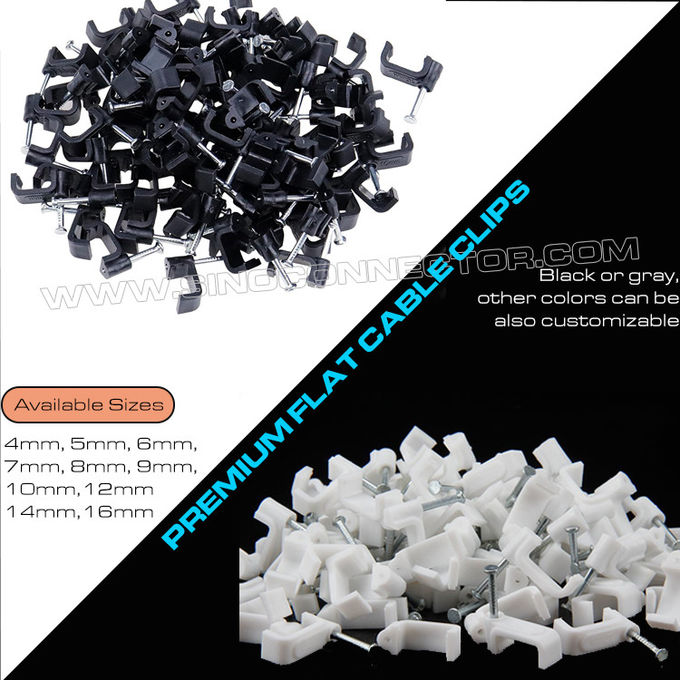 Móc nẹp dẹt bằng nhựa dụng cụ sắp xếp dây màu trắng, đinh móc nẹp dẹt 4mm~19mm dụng cụ sắp xếp dây màu đen có đinh xi măng cho cáp vuông