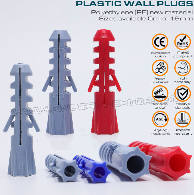 Vít bắt nở nhựa (vít lắp đặt, vít tắc kê nở) màu xám, đỏ hoặc xanh lam Ø10 x 50mm 100 chiếc có vít tự khai thác Ø6~8mm dùng cho tủ tường
