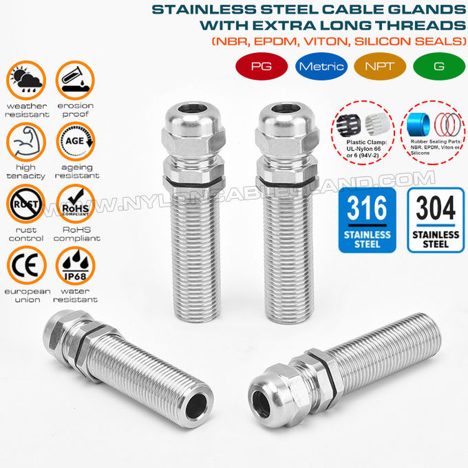 Ốc siết cáp ren dài ốc siết cố định IP68, thép không gỉ EN 1.4404/1.4401/1.4301, hệ mét M12~M100, cho vỏ dày
