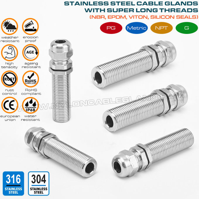 Ốc xiết cáp cút siết cáp ốc siết cáp cút xiết cáp kim loại ren dài hệ mét, phiên bản IP68, thép không gỉ 316L/316/304, M12x1.5~M100x2, cho vỏ điện dày hơn