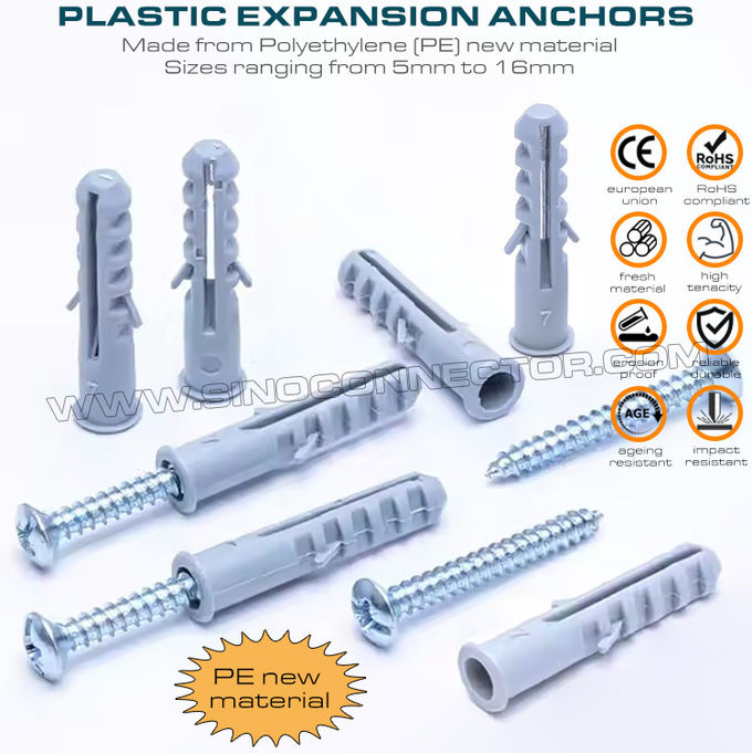 Tắc kê nở nhựa/vít neo giãn nở (vít bắt nở nhựa) có cánh kép & vít, loại hình con cá, polyethylene, Ø5~Ø16mm, dùng cho tường bê tông
