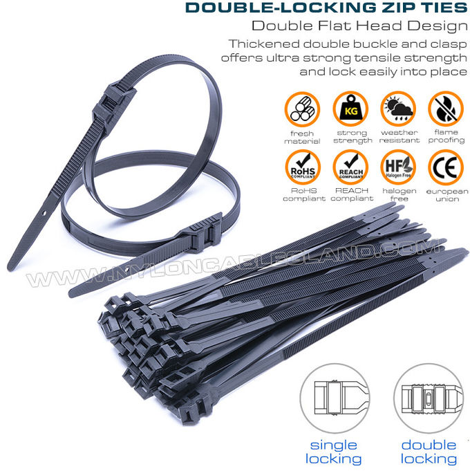 Dây thít cáp khóa đôi /dây đeo cáp có đầu khóa đôi, màu đen, nylon (PA) 6.6, 110lbs (500N), 9x180mm~9x760mm, sử dụng ngoài trời