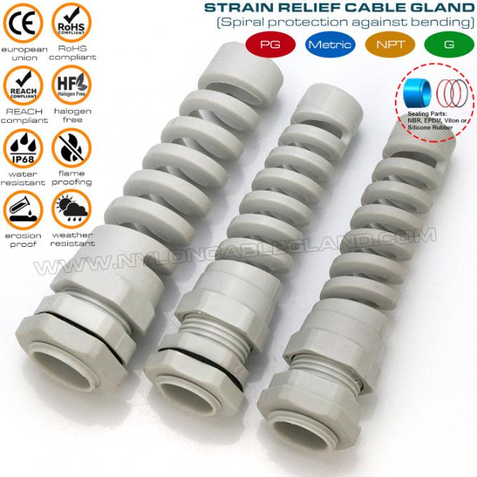 Cút siết cáp xoắn ốc PG bước nylon 6 IP68, cút xiết cáp giảm căng PG11 đầu xiết cáp mềm chống xoắn polyamide 6 màu xám cho cáp 5-10mm