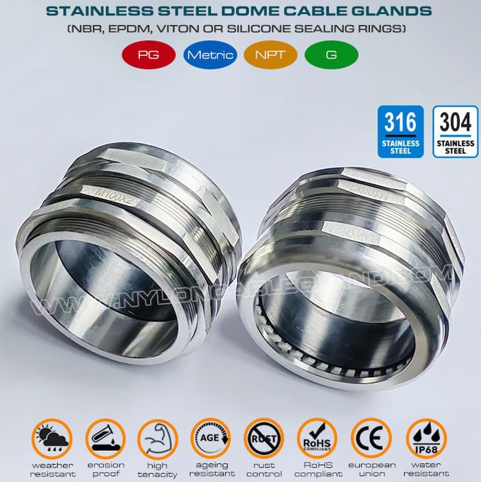 Đầu nối ốc siết cáp inox thép không gỉ IP68 loại 316L, 316, 304 M100x2.0, ren đực hệ mét (EN 60423), dành cho cáp 78mm~84mm