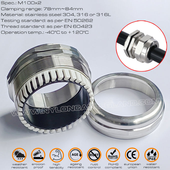 Ốc xiết cáp thép không gỉ hệ mét 304, 316, 316L, xếp hạng IP68, EN 60423, M100x2.0, dành cho phạm vi 78~84mm