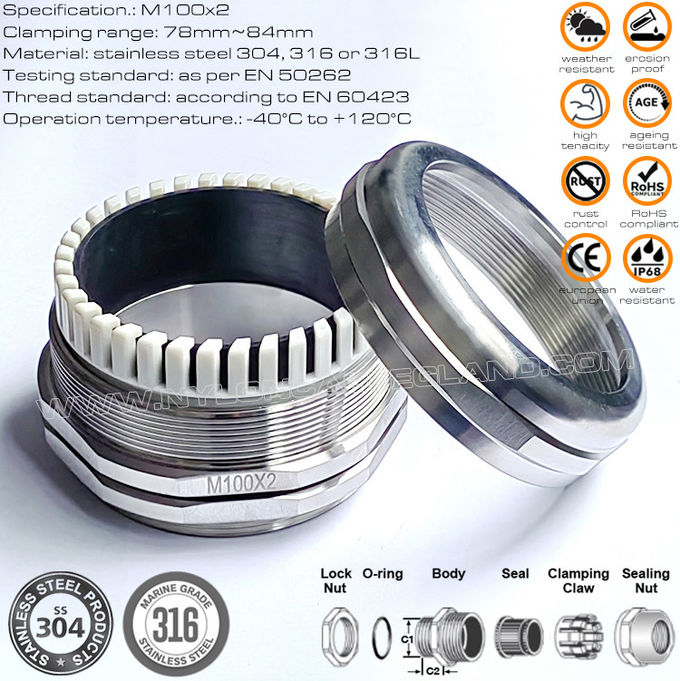 Ốc siết cáp IP68, ren hệ mét, EN 60423, thép không gỉ 304, 316 hoặc 316L, M100x2, dành cho cáp 78~84mm