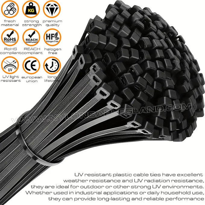 Dây buộc cáp chống tia UV dây thít rút cáp nhựa nylon 6.6 màu đen 200mm x 4.8 (22kg, 50lb, 222N) cho môi trường tia UV cao